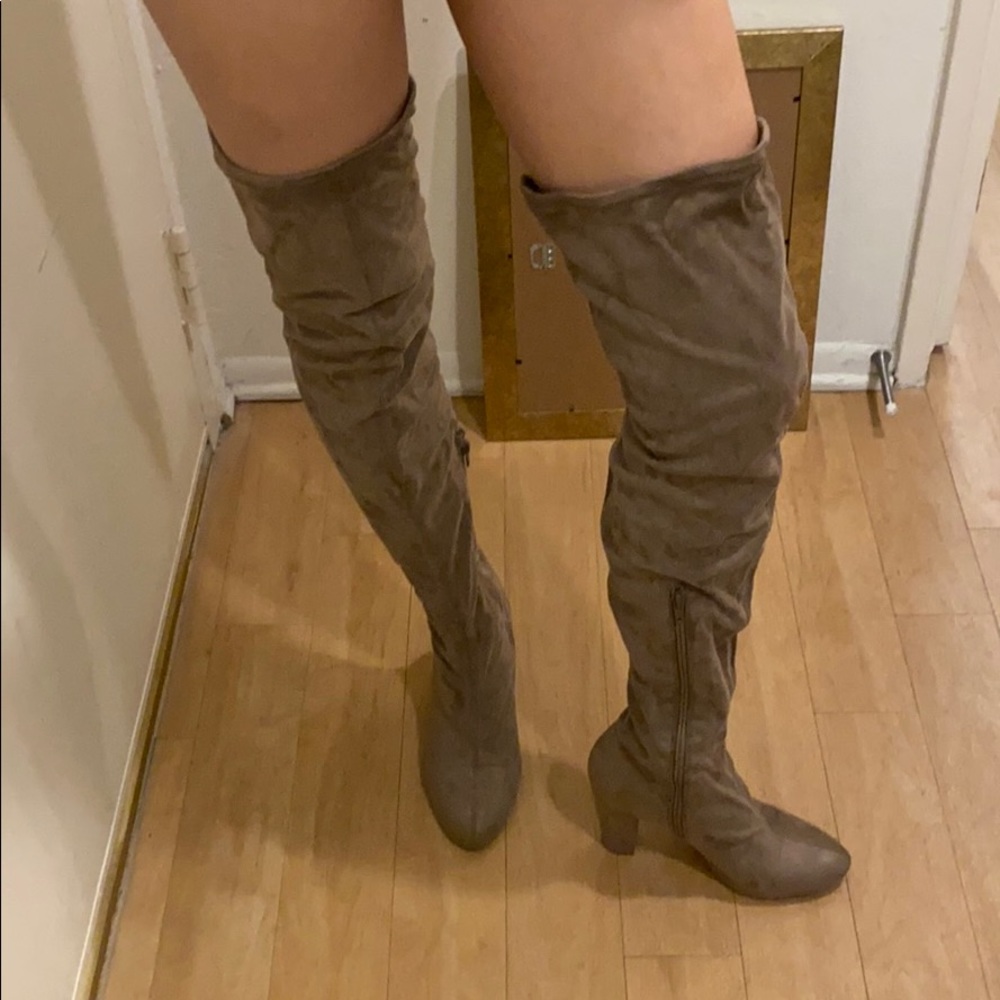 Taupe suede thigh high boots